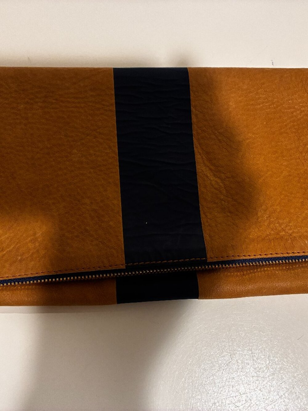 Clare V Camel Leather Navy Stripe Foldover Clutch LA Made